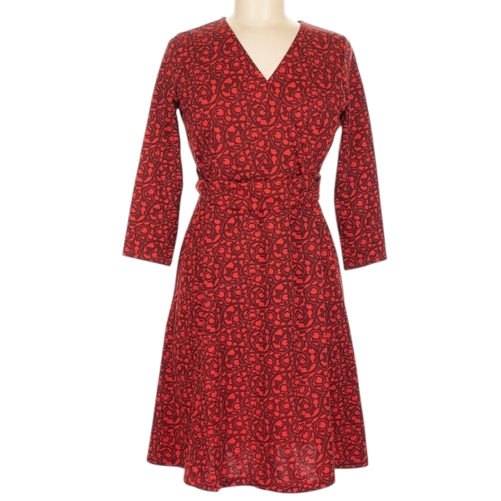 Lands' End Red Dress Moroccan Demure A-Line V-Neck 3/4 Sleeve Cross Over Sz L - Picture 10 of 12